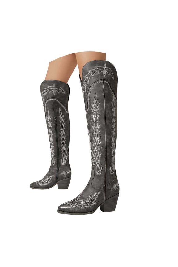 Mid Calf Boots Women's Cowgirl Boots Mid Calf Western Cowboy Boots Round toe Chunky Heel Ankle Boots Grey,E