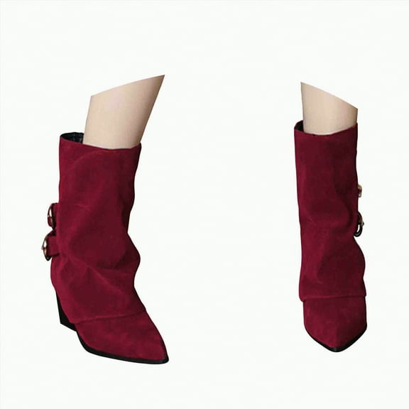 UngA Mid Calf Boots confort Women's Mid Calf Boots, Comfort Buckle Slouchy Booties with Side Zipper Red,6.5