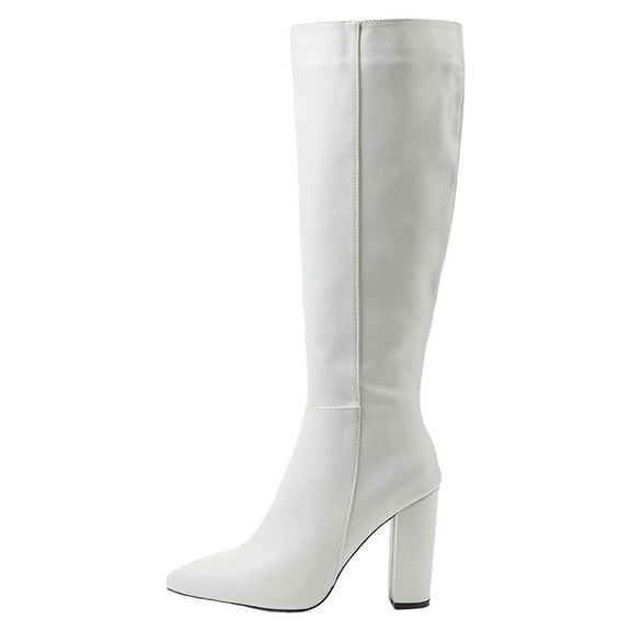 UngA Mid Calf Boots for Women Women's Banana Knee High Boots Square Toe Block Heel Comfortable Low Heel Pull on Wide White,9