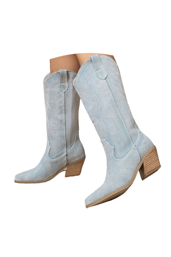Mid Calf Boots for Women Women's Western Boots Square Toe Heel Zipper Embroidered Ankle Boots Light Blue,8