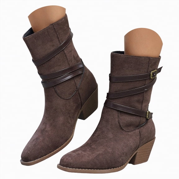 UngA Mid Calf Womens Boots Comfortable Slip On Mid Chunky Heel Suede Warm Snow Ankle Boots Outdoor Shoes Boots for Woman Brown,Size 8