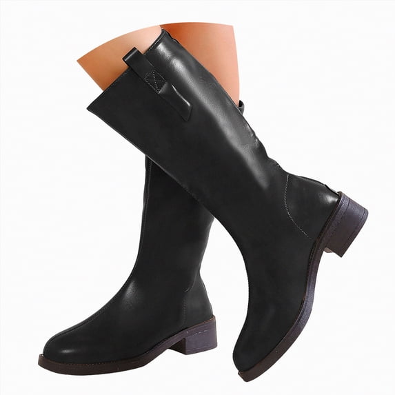 UngA Mid Calf Womens Boots Round Toe Buckle with Side Zip Slouch Flat to Low Heel Boots Women Black,Size 7