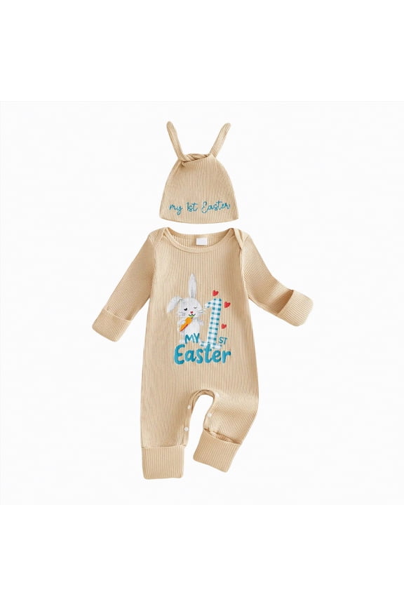 My First Easter Baby Boy Outfit Newborn Long Sleeve Romper Jumpsuit with Hat Onesie Coming Home Outfits (Beige,0-3 Months)