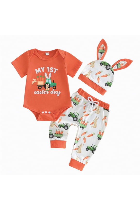 My First Easter Baby Boy Outfit Truck Bunny Short Sleeve Romper Pants Hat Infant Onesie Newborn Spring Summer Clothes (Orange,6-12 Months)