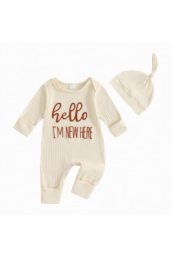 Newborn Baby Boy Clothes Hi I'm New Here Coming Home Outfits Gender Neutral One Piece Romper Fall Winter Spring Clothes (Beige,3-6 Months)
