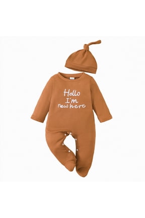 Newborn Baby Boy Clothes Hi I'm New Here Coming Home Outfits Gender Neutral One Piece Romper Fall Winter Spring Clothes (Brown,3-6 Months)