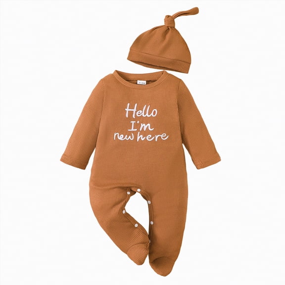 UngA Newborn Baby Boy Clothes Hi I'm New Here Coming Home Outfits Gender Neutral One Piece Romper Fall Winter Spring Clothes (Brown,3-6 Months)