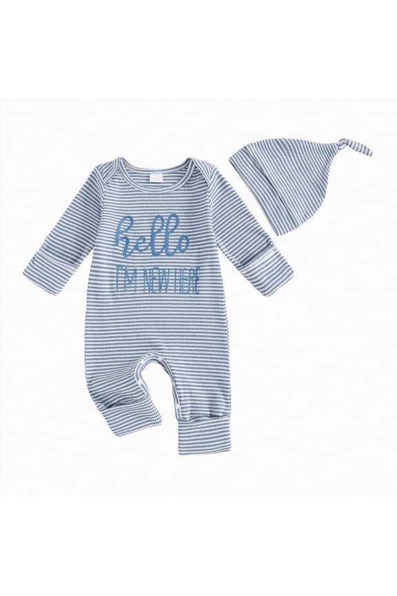Newborn Baby Boy Clothes Hi I'm New Here Coming Home Outfits Gender Neutral One Piece Romper Fall Winter Spring Clothes (Sky Blue,0-3 Months)