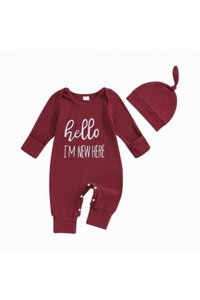 Newborn Baby Boy Clothes Hi I'm New Here Coming Home Outfits Gender Neutral One Piece Romper Fall Winter Spring Clothes (Wine,3-6 Months)