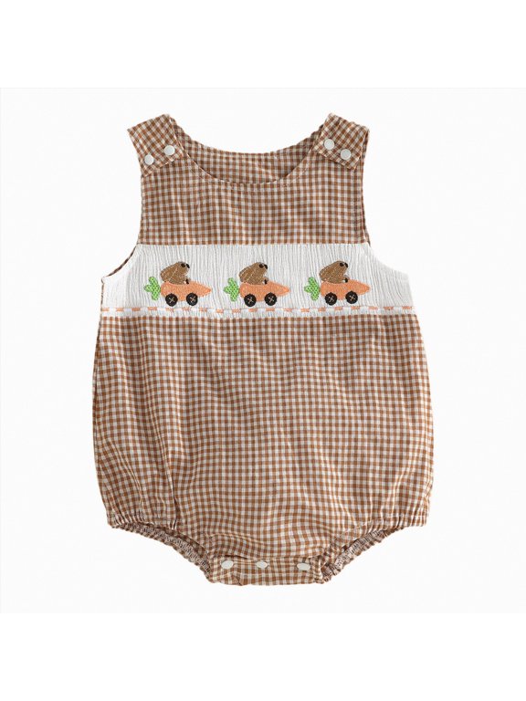 Newborn Baby Boy Easter Outfit Bunny Embroidery Sleeveless Smocked Bubble Romper Striped/Plaid Overalls Bodysuit Summer Clothes (Brown,12-18 Months)
