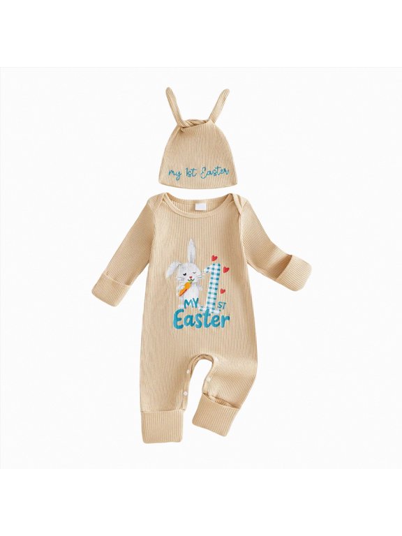 Newborn Baby Boy Easter Outfit Romper My First Easter Rabbit Embroidery Long Sleeve Jumpsuit Cute Infant Clothes with Hat (Beige,3-6 Months)