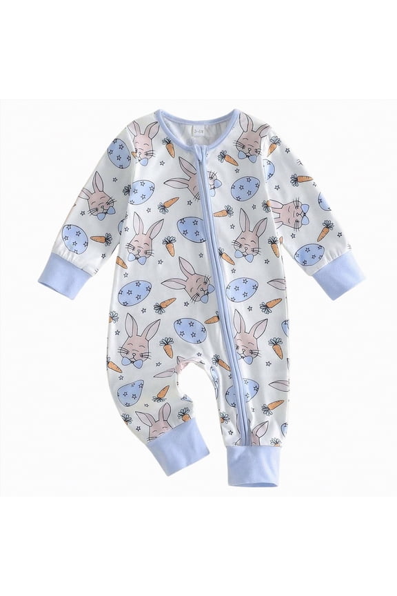 Newborn Baby Boy Girl Easter Rabbit Jumpsuit Long Sleeve Oblique Zipper Romper Bunny Infant One Piece Overall Outfit (Blue,6-9 Months)
