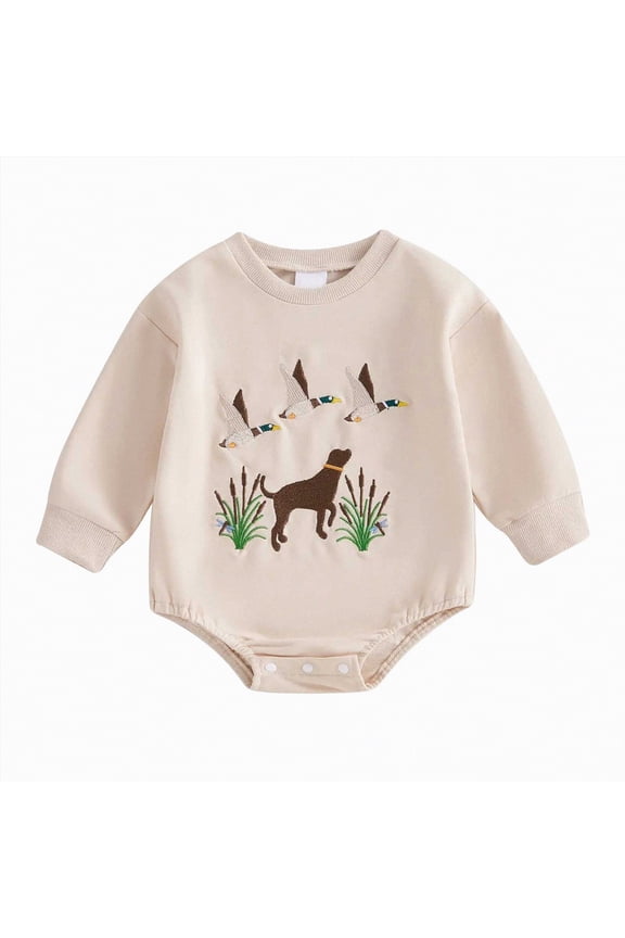 Newborn Baby Boy Hunting Clothes Mallard Duck Sweatshirt Romper Long Sleeve Bubble Romper Bodysuit Fall Winter Spring Outfit (Beige,6-12 Months)