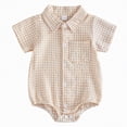 thumbnail image 1 of UngA Newborn Baby Boy Summer Clothes Gingham Button Down Shirt Bubble Romper Short Sleeve Plaid Collared Bodysuit Infant Boy Outfits (Beige,6-12 Months), 1 of 7