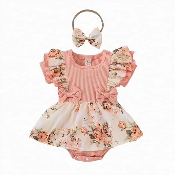 UngA Newborn Baby Girl Clothes Ruffle Short Sleeve Flower Romper Dress with Headbnad Summer Outfits Set (Pink,9-12 Months)