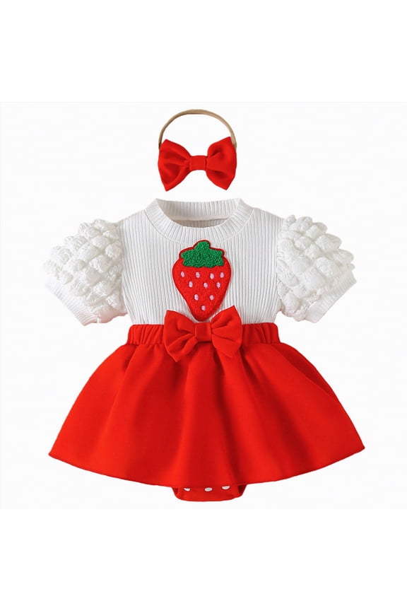 Newborn Baby Girl Clothes Strawberry Ribbed Short Sleeve Romper Dress with Headband Summer Coming Home Outfit Set (Red,3-6 Months)