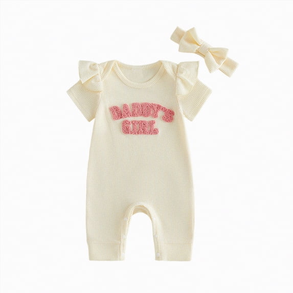 UngA Newborn Baby Girl Summer Clothes Daddy's Girl Embroidery Ruffle Short Sleeve Jumpsuit Bubble Romper Bodysuit Infant Outfits with Headband (Beige,6-12 Months)