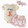 thumbnail image 1 of UngA Newborn Baby Girl Western Outfits Cowgirl Summer Clothes Ruffle Short Sleeve Letter Romper Boots Horse Shorts Headband Set 3-6 Months,Beige, 1 of 5
