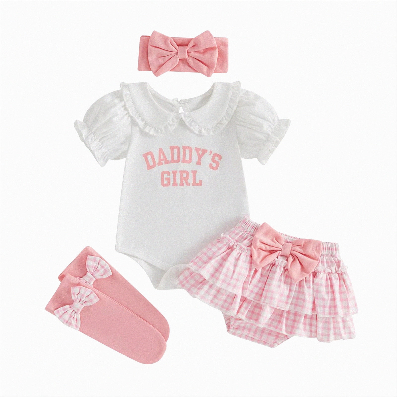 UngA Newborn Baby Girls Clothes Summer Daddys Girl Outfit Romper+Bloomers Tutu Skirt+Socks+Headband 4Pcs Infant Girl Outfits 3-6 Months,White