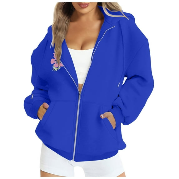 UngA Oversized Sweatshirt for Women Women Casual Full Zip Up Hoodie Comfy Loose Long Sleeve Sweatshirt Solid Color Jacket with Pockets Dark Blue,XL