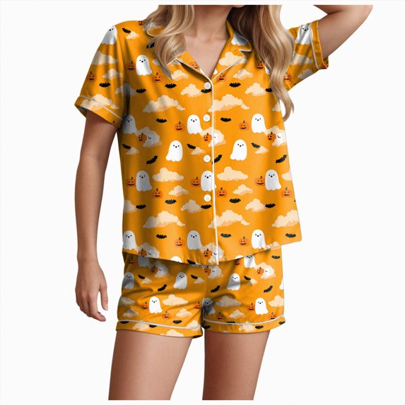 UngA Pajama Sets for Women 2 Piece Halloween Pajama Set for Women 2025 Fall Graphic Button Up Sleepwears Ladies Ctue 2 Piece Top and Shorts Pjs Sets Yellow,XL