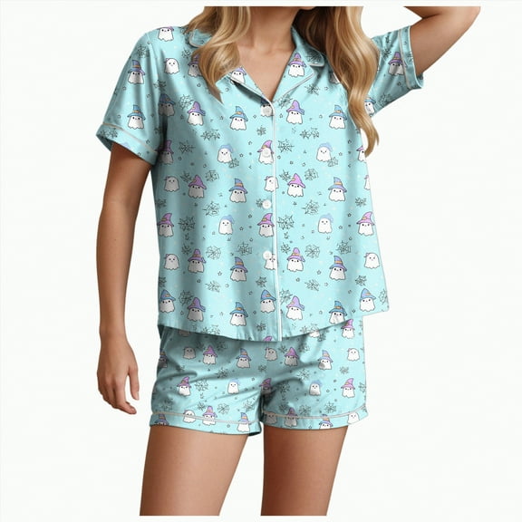 UngA Pajama Sets for Women 2 Piece Funny Graphic Pajamas for Women Set Button Down Short Sleeve Top and Shorts Pjs Sets Sleepwear Sky Blue,XL