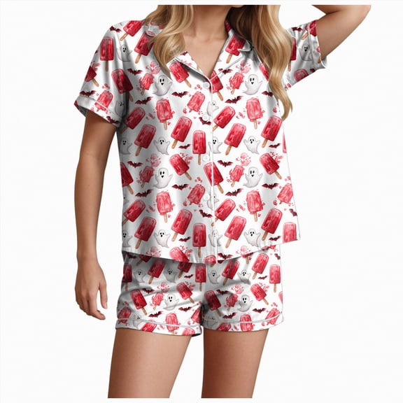 UngA Pumpkin Pajamas Women Halloween Womens Pajamas Set Ghost Pumpkin Print Short Sleeve Button Down 2 Piece Loungewear Sets Sleepwear Red,L