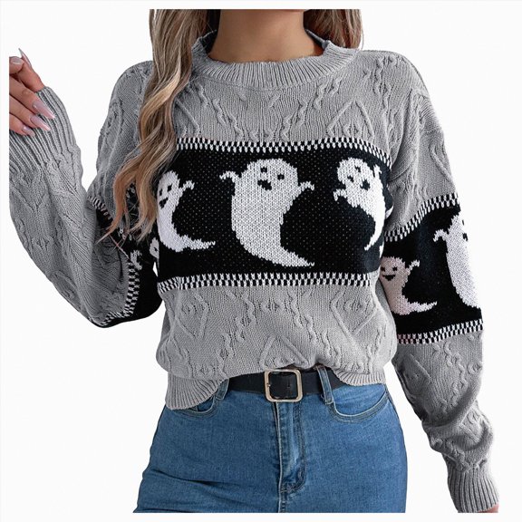 UngA Pumpkin Sweater Women Halloween Sweatshirt for Women Embroidered Sweaters Cute Spooky Season Shirt Long Sleeve Fall Winter Pullover Tops Grey,L