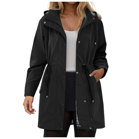 UngA Rain Jackets Women Women's Ligtweight Jackets Anorak Utility Drawstring Waist Hoodie Zip Up Fall Casual Coat with Pockets Black,L
