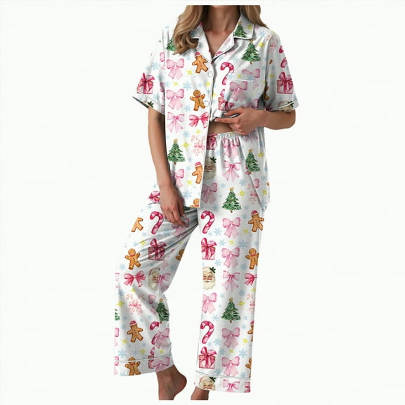 UngA Satin Christmas Pajamas Women Short Sleeve Sleepwear Long Pants Soft Button Down Loungewear Womens Pajama Sets Christmas,Size XL