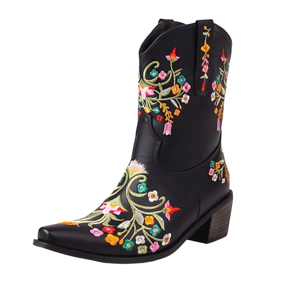 UngA Sexy Boots for Women Cowboy Boots Embroidered Cowgirl Boots Western Mid-Calf Knee-High Boots with Heel Black,7