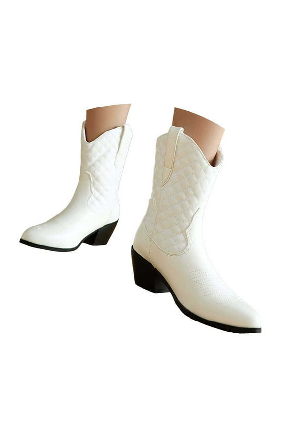 Sexy Boots for Women Women's Western Embroidered Ankle Boots Cowboy Cowgirl Low Heel Round Toe Short Booties Shoes White,6.5