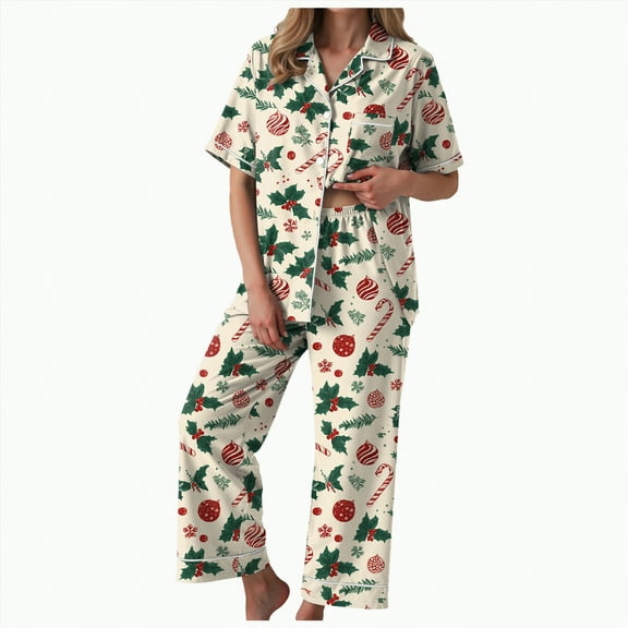 UngA Silk Christmas Pajamas for Women Short Sleeve Sleepwear Long Pants Soft Button Down Loungewear Christmas Pajamas Women,Size L