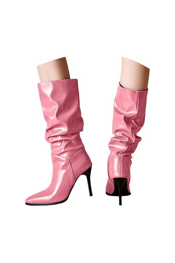 Slim Calf Boots Women's Slouchy Knee High Boots Side Zipper Stiletto High Heeled Pointed Toe Fashion Fall Boots Hot Pink,6