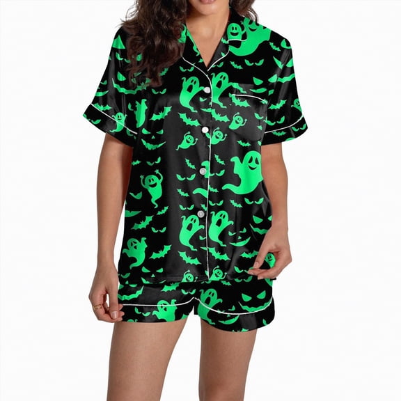 UngA Spooky Pajamas Women Halloween Pajama Set for Women 2025 Fall Graphic Button Up Sleepwears Ladies Ctue 2 Piece Top and Shorts Pjs Sets Green,XL