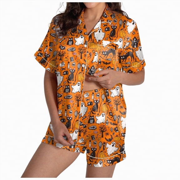 UngA Spooky Pajamas Women Women's Waffle Knit Two Piece Lounge Set, Soft Matching Outfits for Daily Wear, Casual Shorts Set with Pocket Orange,L