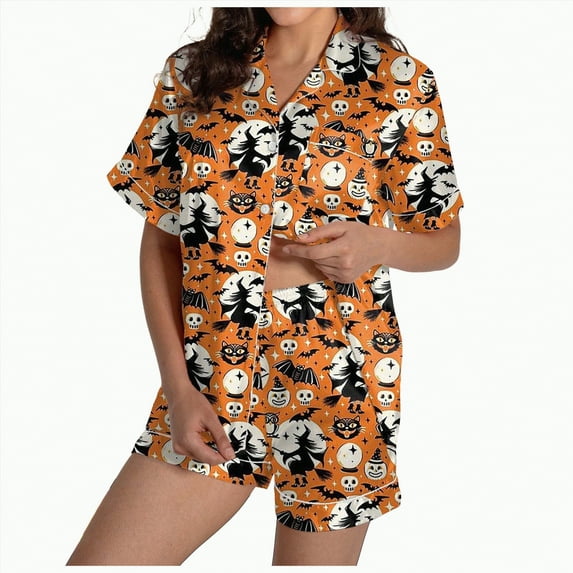UngA Spooky Pajamas Women Womens Silk Satin Pajamas Set Short Sleeve Sleepwear Button Down Loungewear 2 Piece Pjs Shorts Set Orange,L