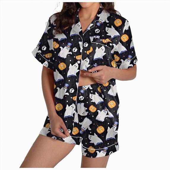 UngA Spooky Pjs Halloween Women's Pajama Sets 2 Piece Thin Ghost Graphic Short Sleeve Button Down Nightshirt and Shorts Soft Loose Womens Pj Sets Dark Purple,M
