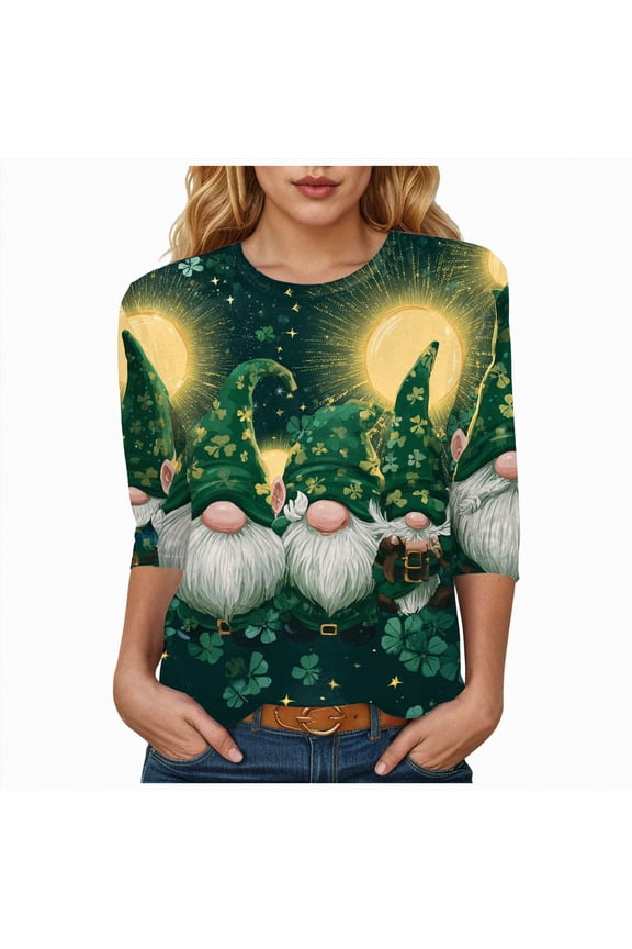 St Patrick's Day Shirt Women Cute Irish Shamrock Graphic 3/4 Sleeve Tops Plus Size Blouses Green Clover T-Shirts,Size XXXL