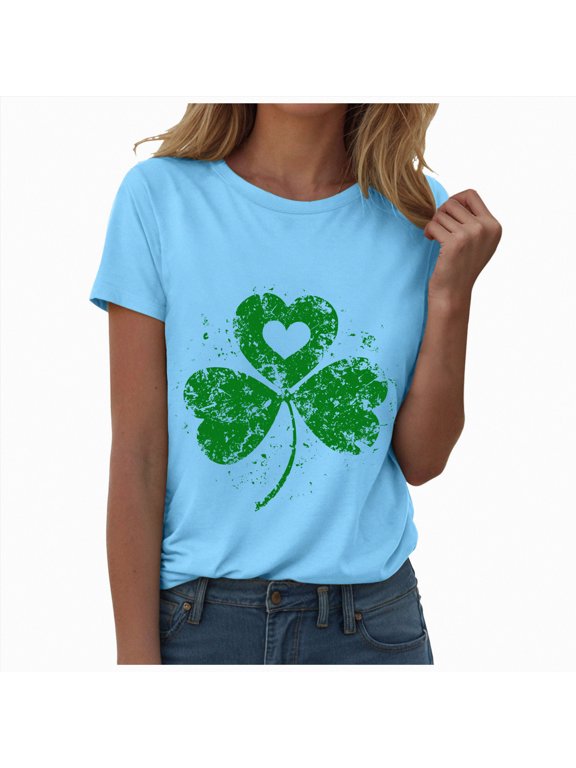St. Patrick's Day Shirts for Women Shamrock Clover Print T-Shirt Short Sleeve Saint Patricks Day Tee Tops,XXL
