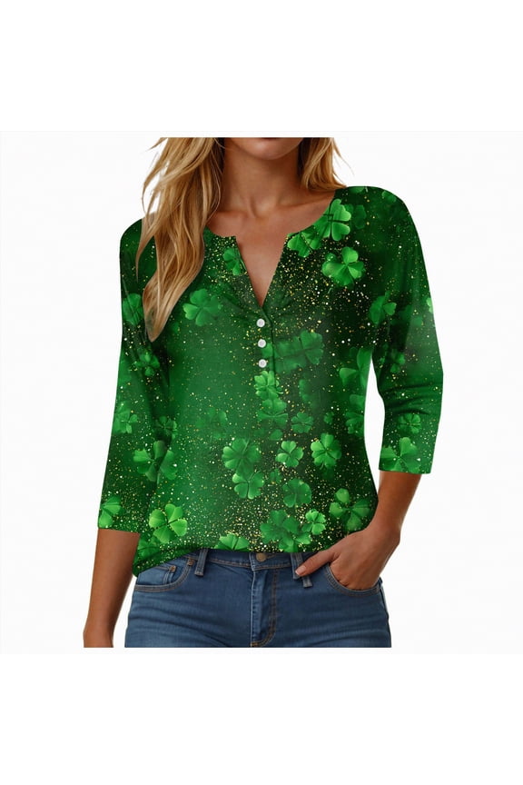 St Patricks Day Shirt for Women 3/4 Sleeve Irish Clover Shamrocks Tunic Tops V Neck Green 2026 Saint Patty's Day Tshirt Outfit,Size L