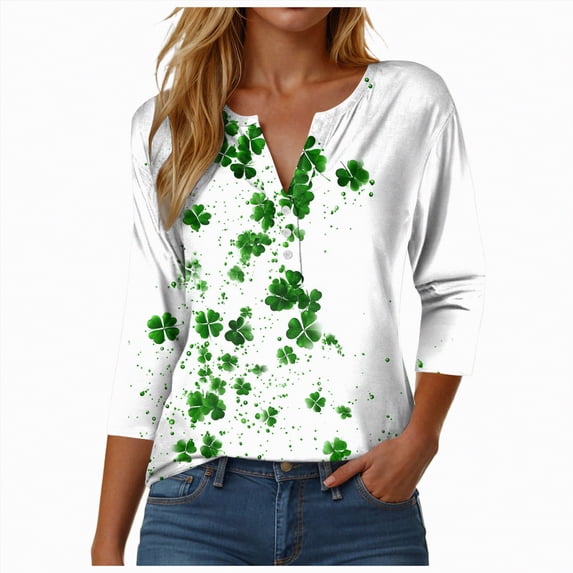 UngA St Patricks Day Shirt for Women 3/4 Sleeve Tops V Neck Casual Summer Tunic Tops Loose Fit Tshirt Holiday Outfits,Size XXL