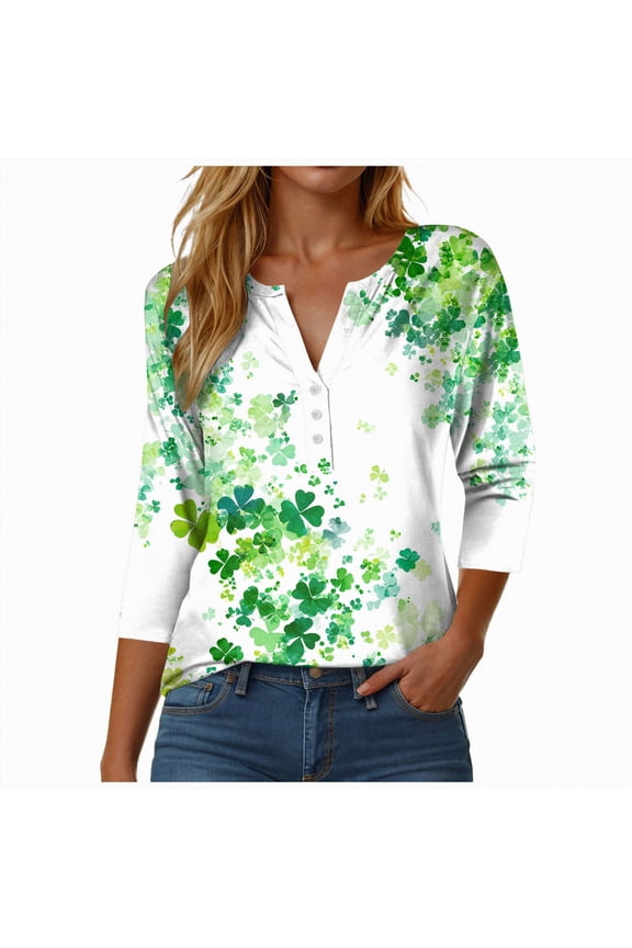 St Patricks Day Shirt for Women Green Shamrock Irish Shirts 3/4 Length Sleeve Print Tops Funny Graphic Tshirts,Size M