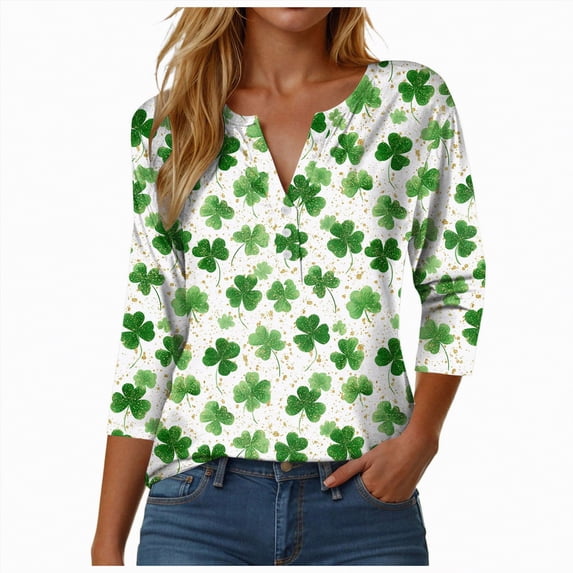 UngA St Patricks Day Shirt for Women Plus Size Funny 3/4 Sleeve Cute Saints Tops Shamrock T-Shirts Lucky Irish Shamrocks Outfit,Size L