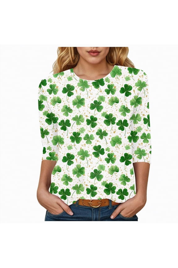 St. Patricks Day Shirts for Women Lucky Shamrock 3/4 Sleeve Crew Neck T Shirt Saint Patricks Day Irish Graphic Tee Party Spring Tops,Size M
