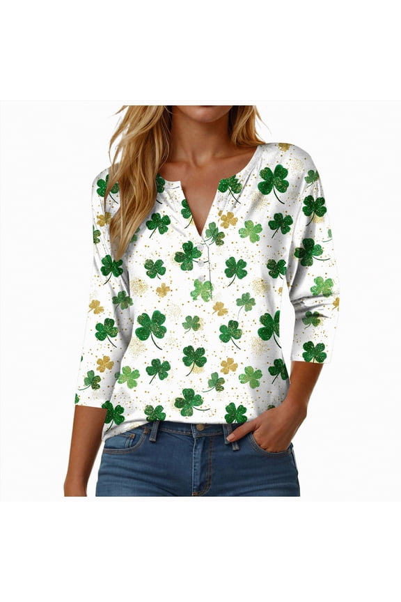 St Patricks Day Womens Shirt Cute Irish Shamrock Graphic 3/4 Sleeve Tops Plus Size Blouses Green Clover T-Shirts,Size XXL