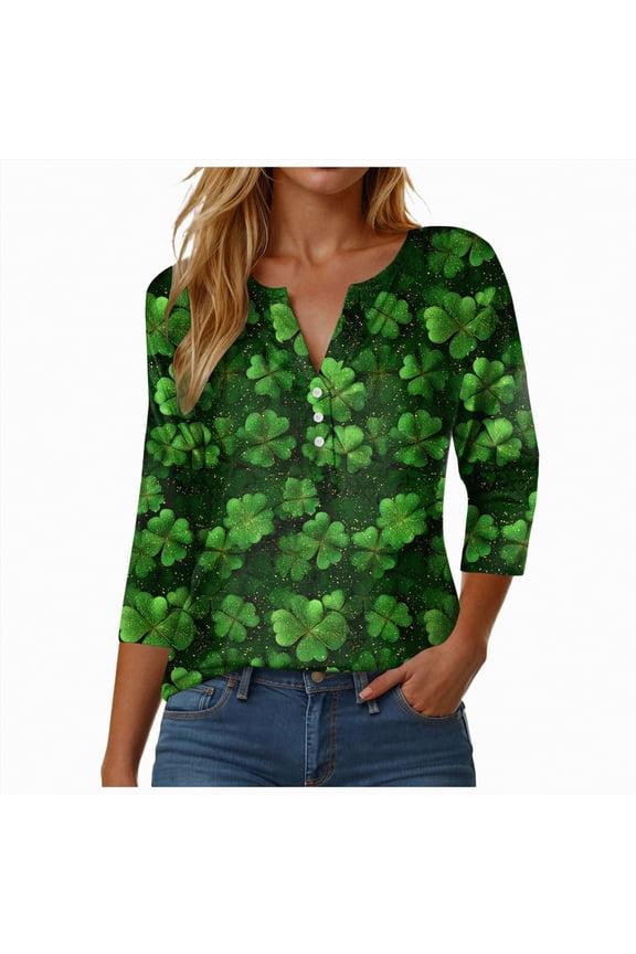 St Patricks Shirt Women Plus Size Funny 3/4 Sleeve Cute Saints Tops Shamrock T-Shirts Lucky Irish Shamrocks Outfit,Size XXL
