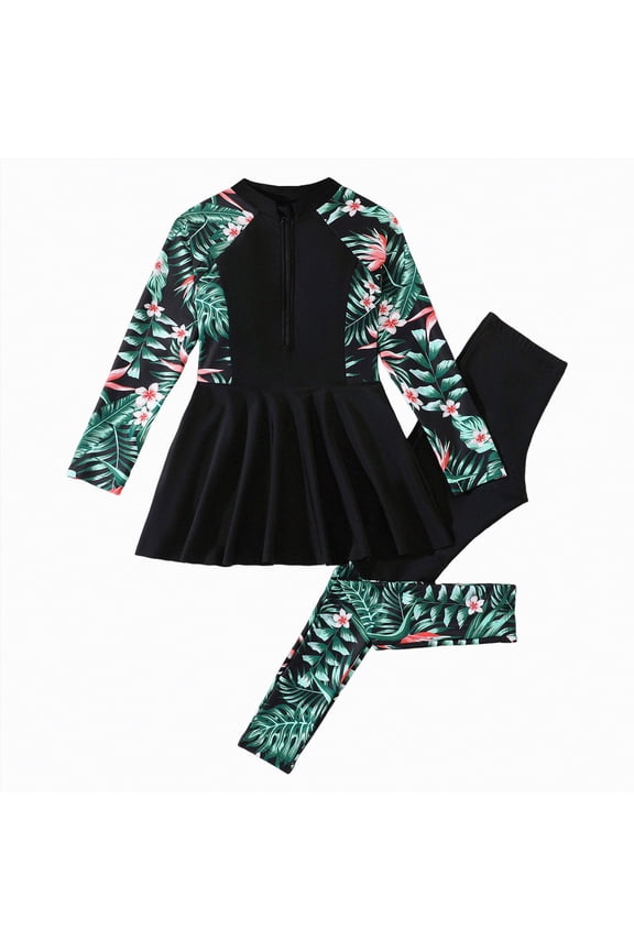 Swimsuit for Girls Long Sleeve Burkini Full Body Swimwear Rash Guard Teens Modest UPF 50+ Sun Protection Bathing Suit for Girls (Black,11-12 Years)
