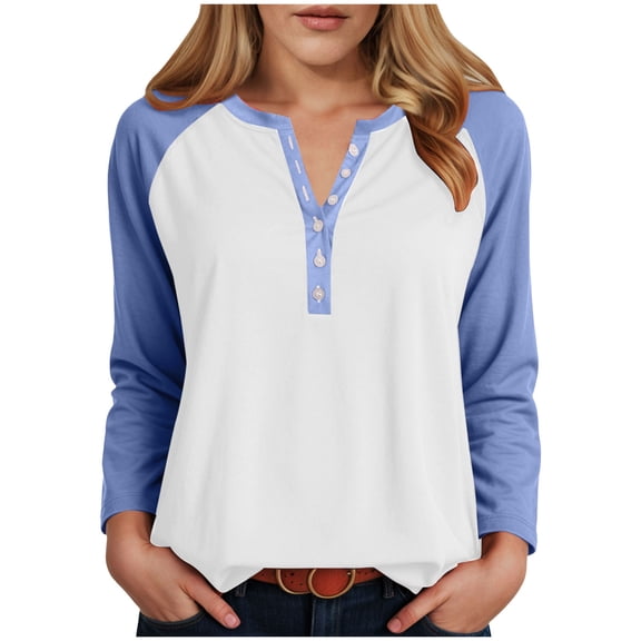 UngA T-Shirts for Women Women's Long Sleeve Tops Henley Shirts Casual Blouses T Shirts Fall Clothes Light Blue,M