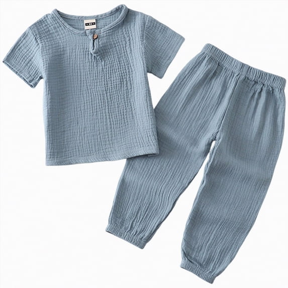 UngA Toddler Baby Boy 2 Piece Outfit Summer Cotton Linen Casual Short Sleeve T-Shirt Pants Set Kids Cute Plain Spring Clothes (Sky Blue,2-3 Years)